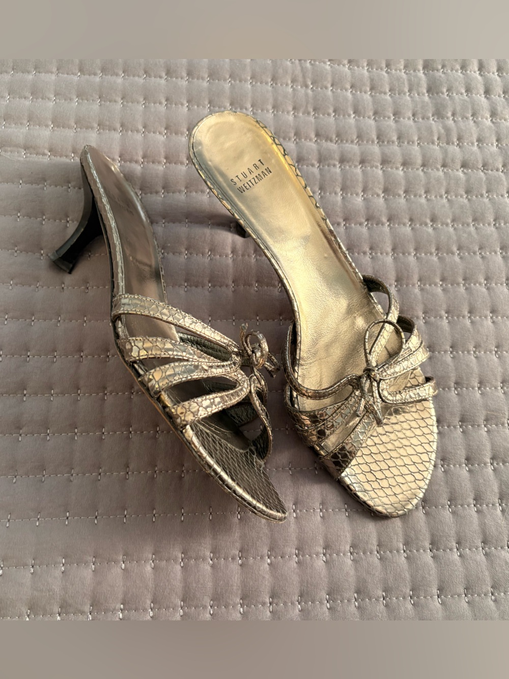 VINTAGE Stuart Weitzman metallic snake embossed leather kitten heel sandals